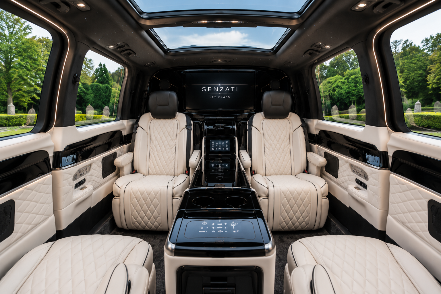Rear cabin view with diamond-quilted seating and glass roof
