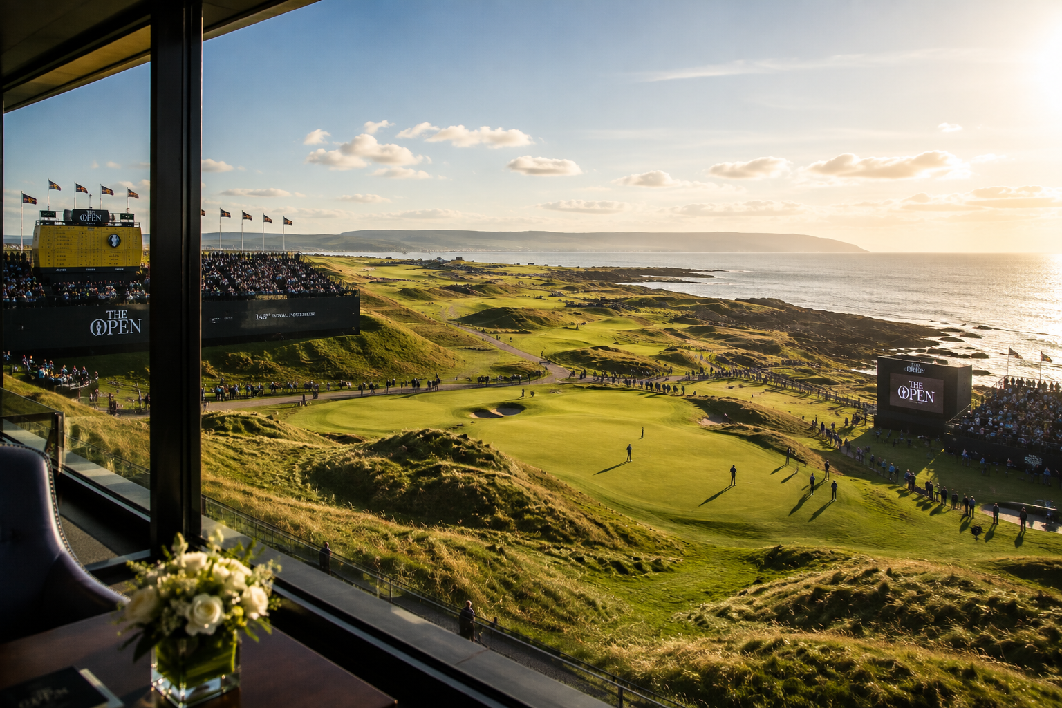 Royal Portrush links course during The Open, with grandstands, spectators and the Atlantic coastline