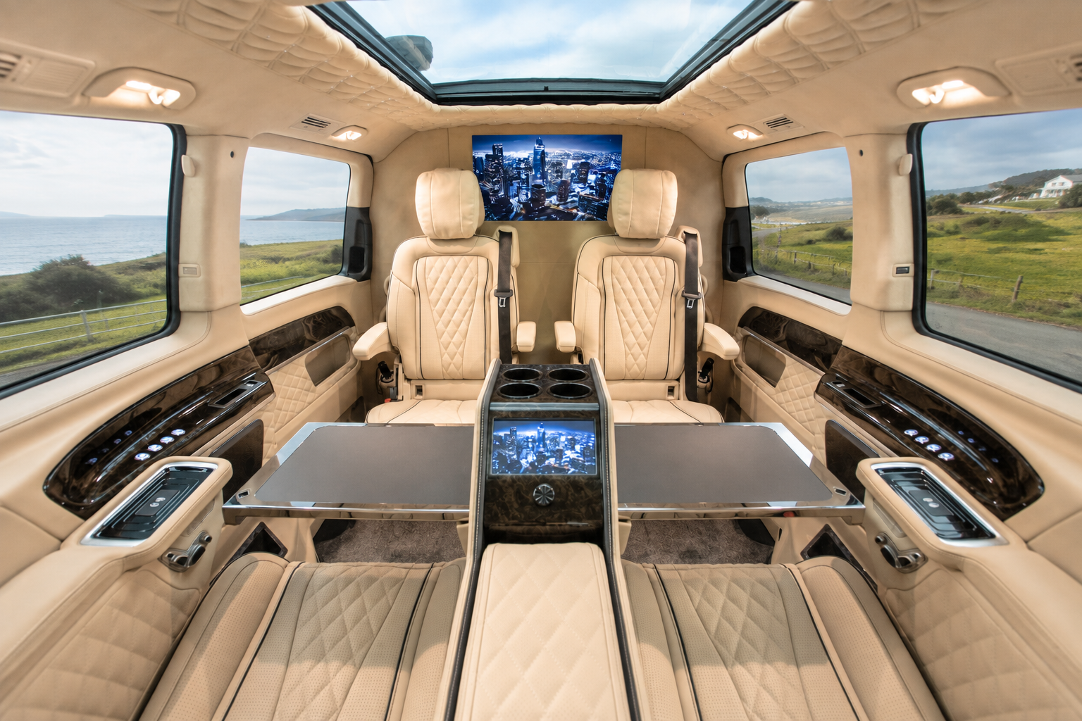 Rear-facing cabin view with captain's chairs, glass roof and ambient lighting